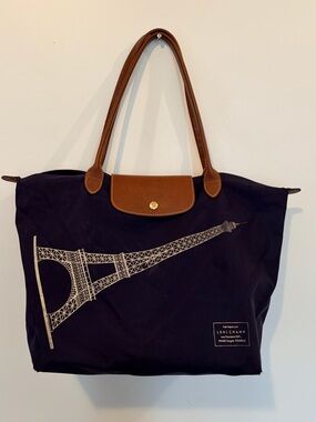 Longchamp Navy Tote with Brown Leather Trim and Eiffel Tower Print